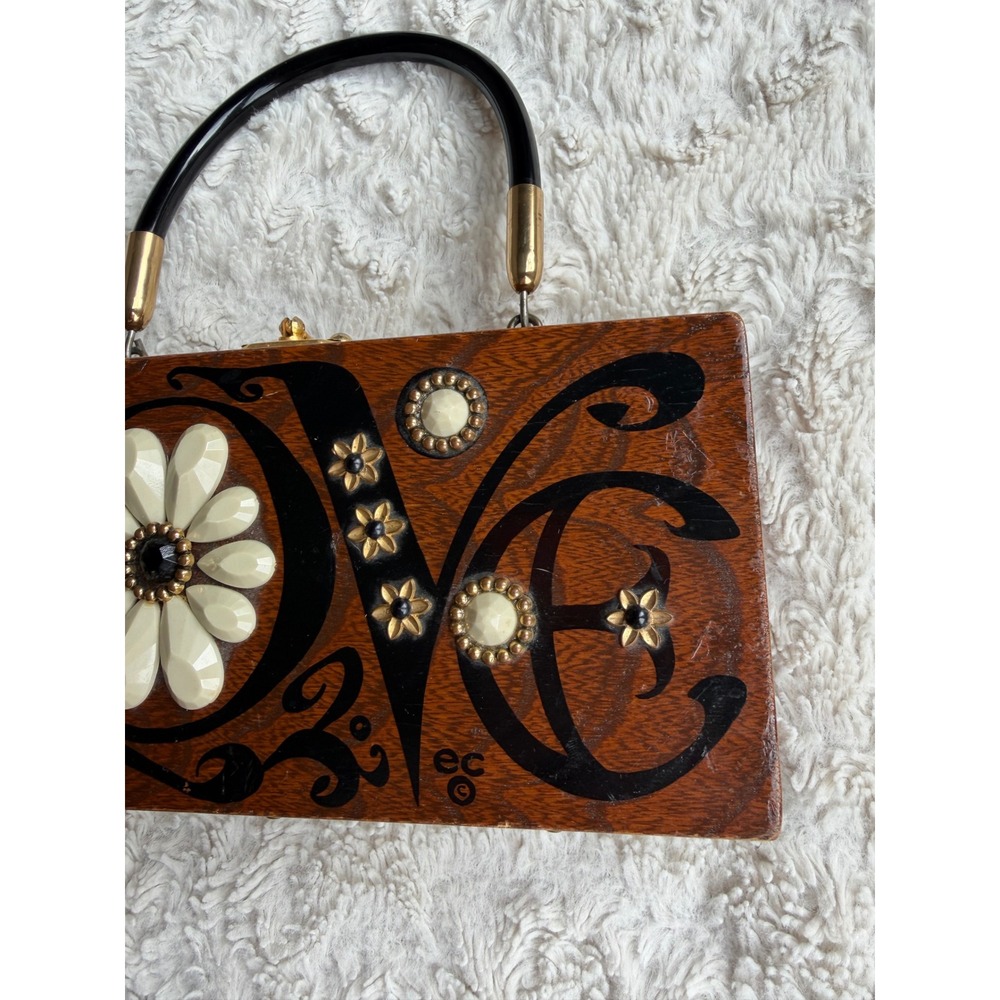 Enid Collins Original Box Bag LOVE Vintage Wood Top Handle Handbag Purse 1960s - Picture 5 of 17